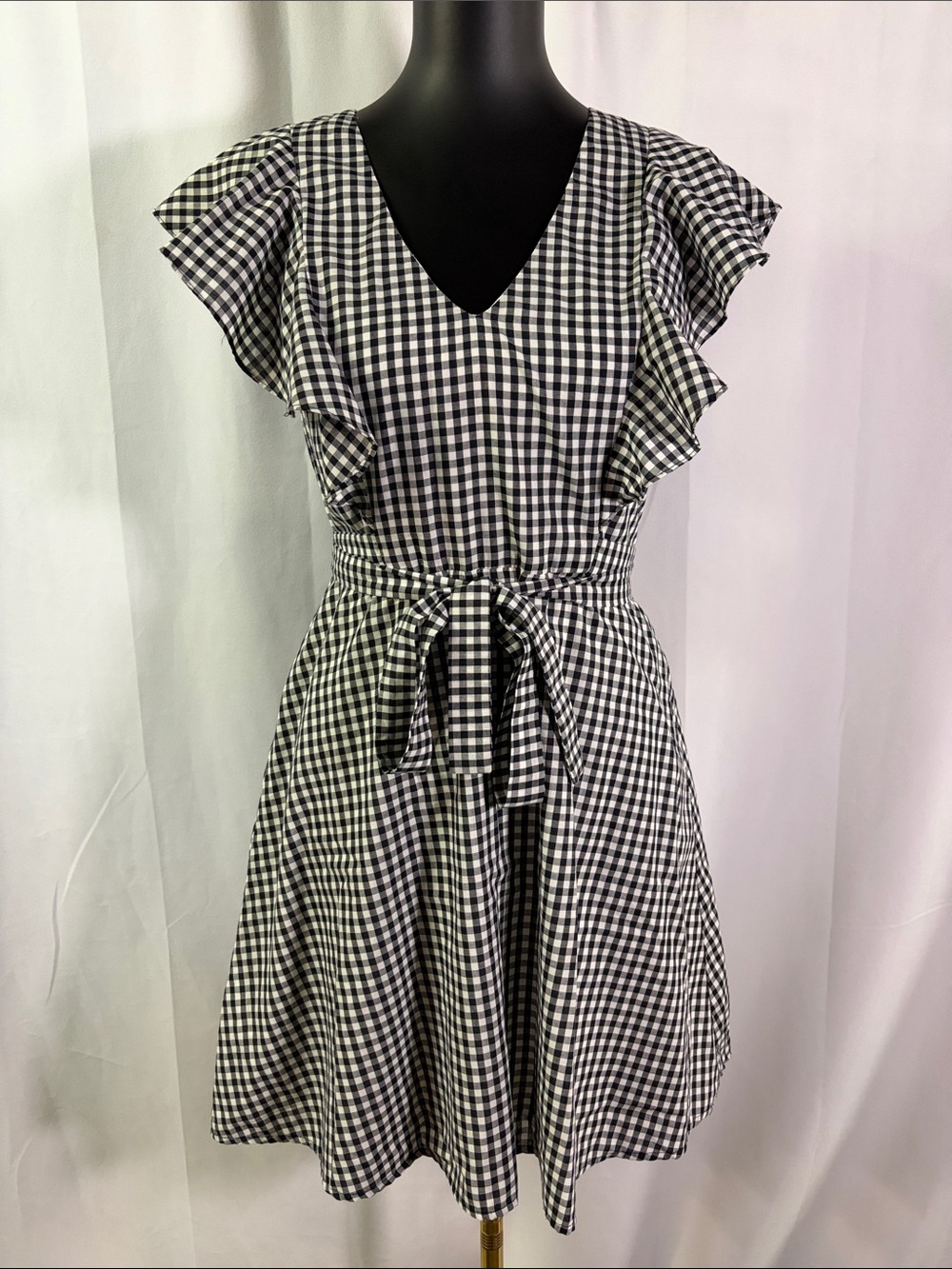 Charles Henry Black & White Gingham Plaid A-Line V-Neck Tie Waist Dress